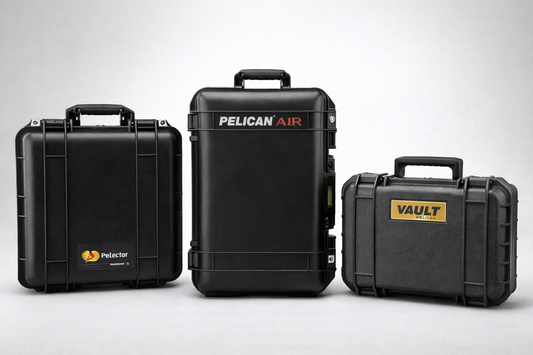 Pelican Protector, Air, and Vault rolling cases showcasing rugged construction, wheels, and built-in carry handles.