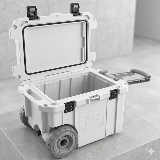 Pelican Elite cooler with open lid, showcasing spacious insulated interior, sturdy construction, and extendable handle design