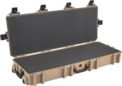 Pelican Vault V730 tactical rifle case in desert tan, open to show full length foam in both the lid and the base