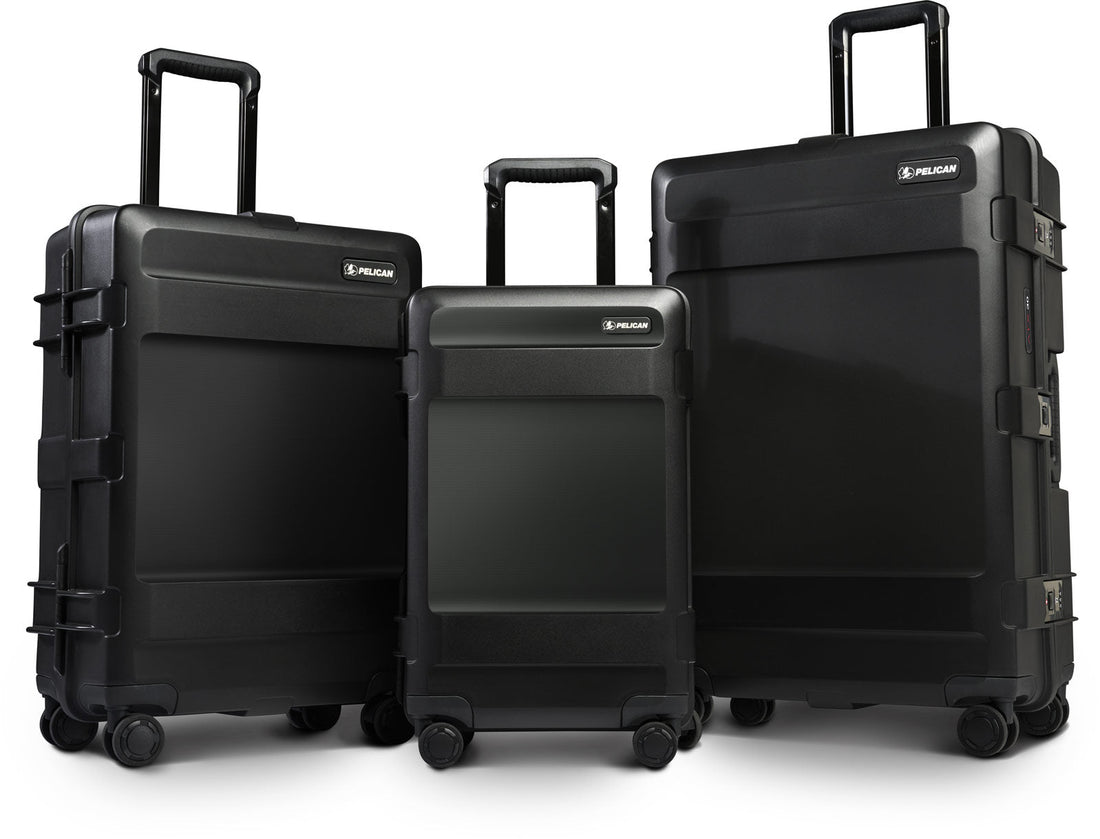 Multiple Pelican ATX travel cases displayed together showcasing durable hard shell luggage built for cameras, gear, and adventure travel.