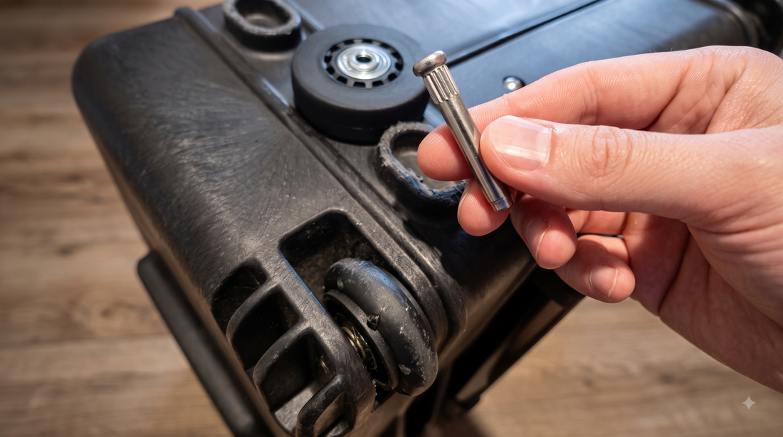 Hand holding a wheel axle pin beside a Pelican case corner with worn caster wheels and rubber O-ring seals visible