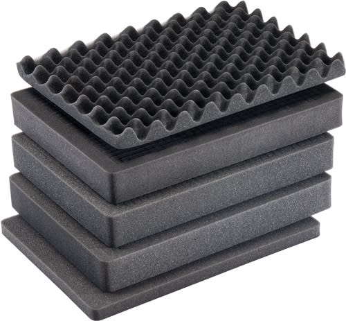 Pelican 1557 AirFS 3-piece replacement foam set with convoluted top foam and two stacked black flat foam inserts